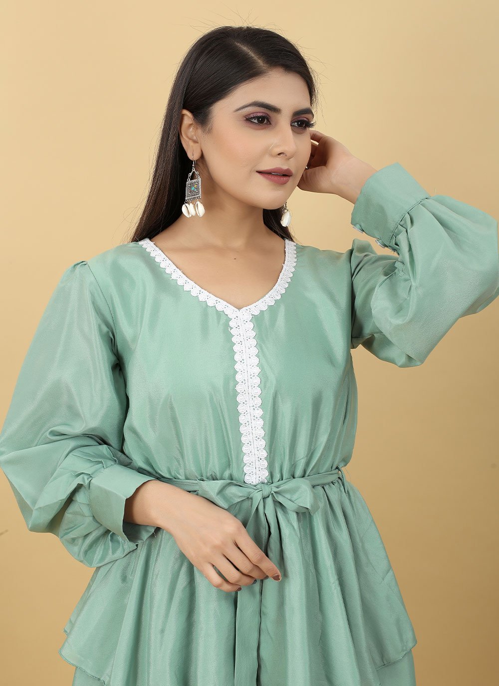 Designer Kurti Faux Crepe Sea Green Buttons Kurtis