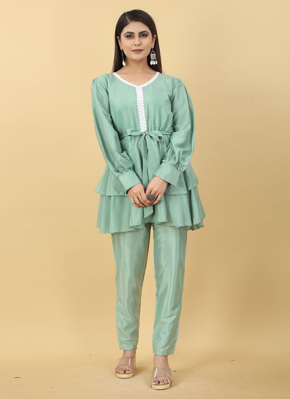 Designer Kurti Faux Crepe Sea Green Buttons Kurtis