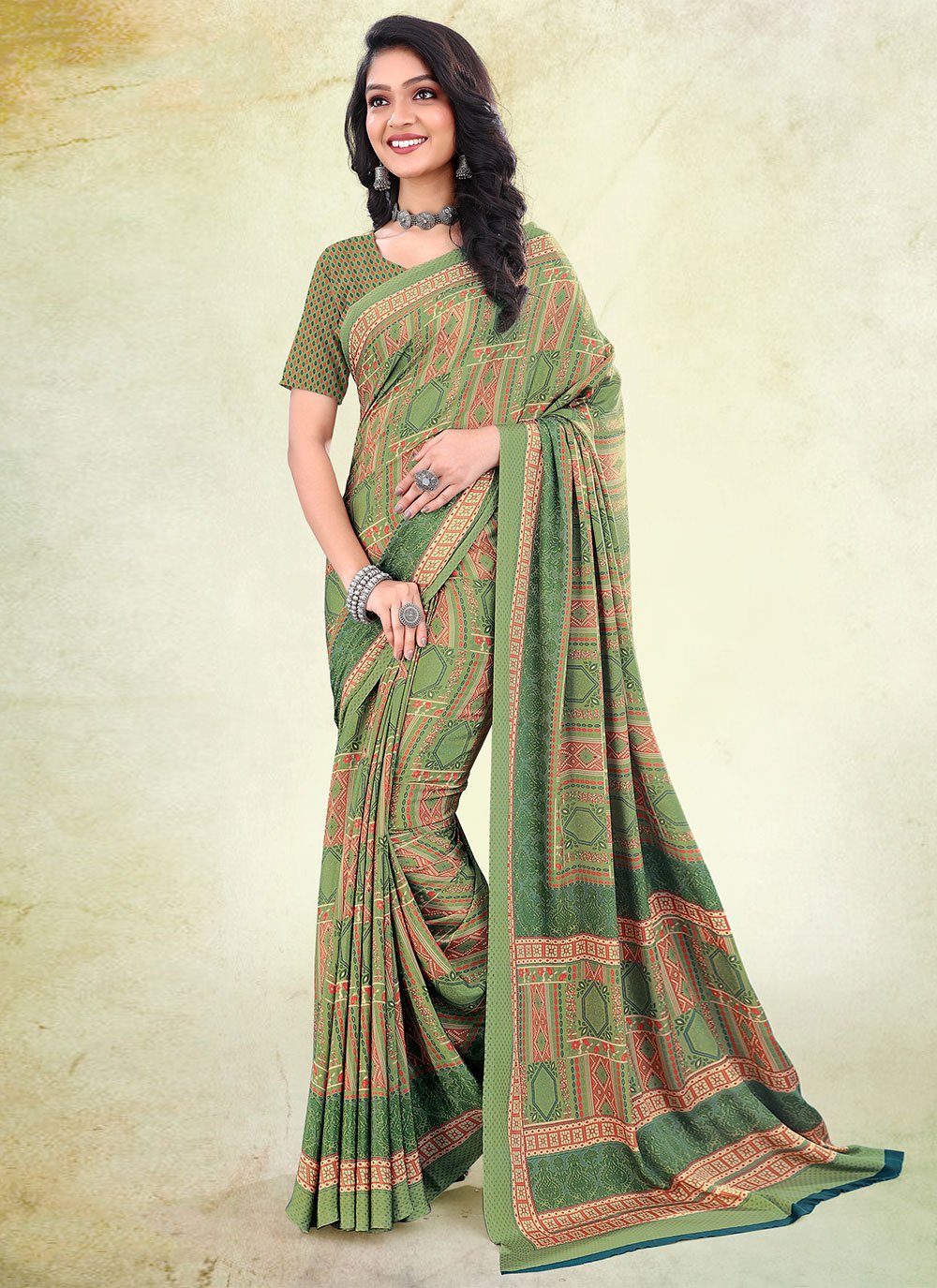 Classic Faux Crepe Sea Green Print Saree