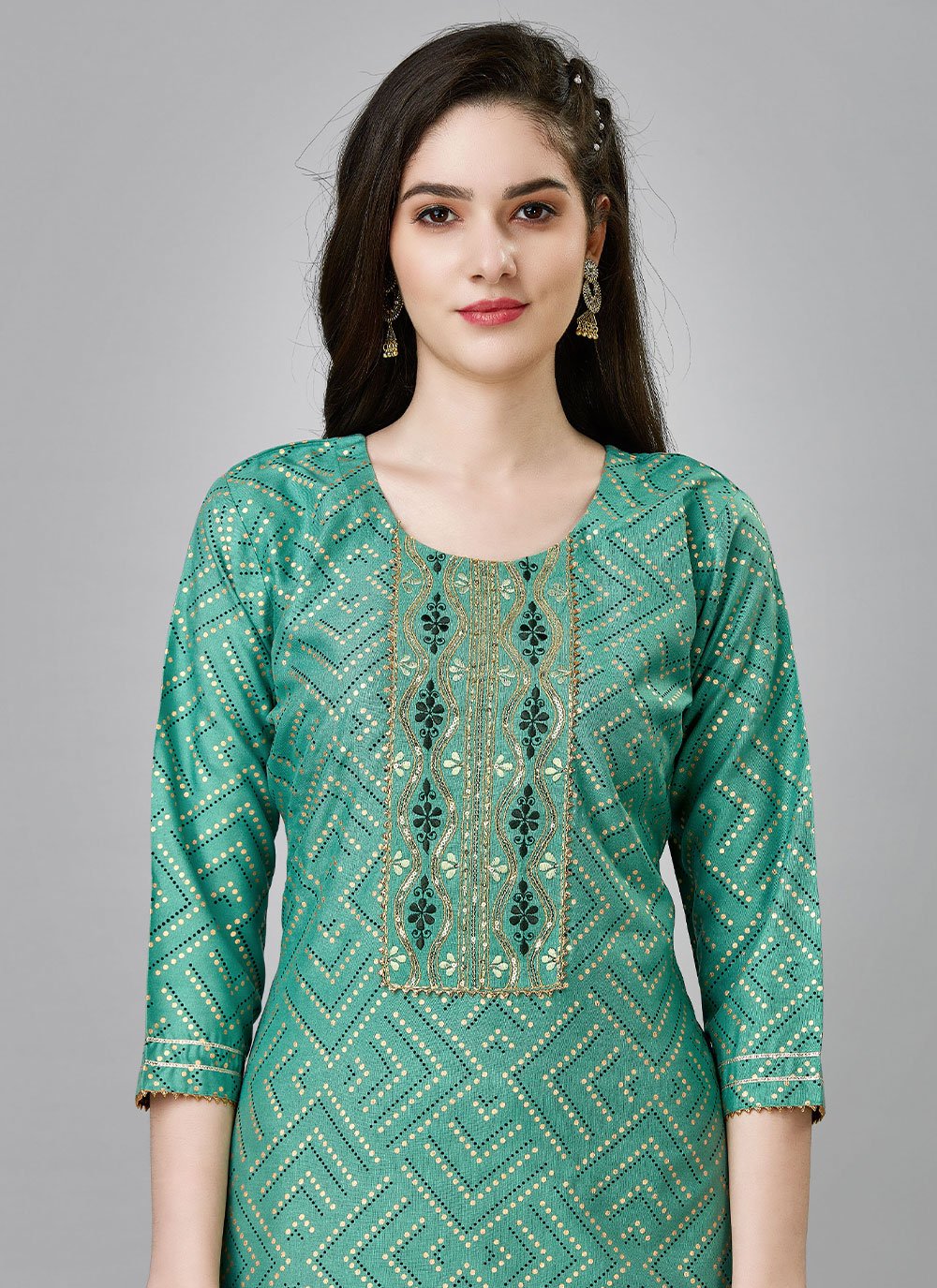 Party Wear Kurti Rayon Sea Green Embroidered Kurtis