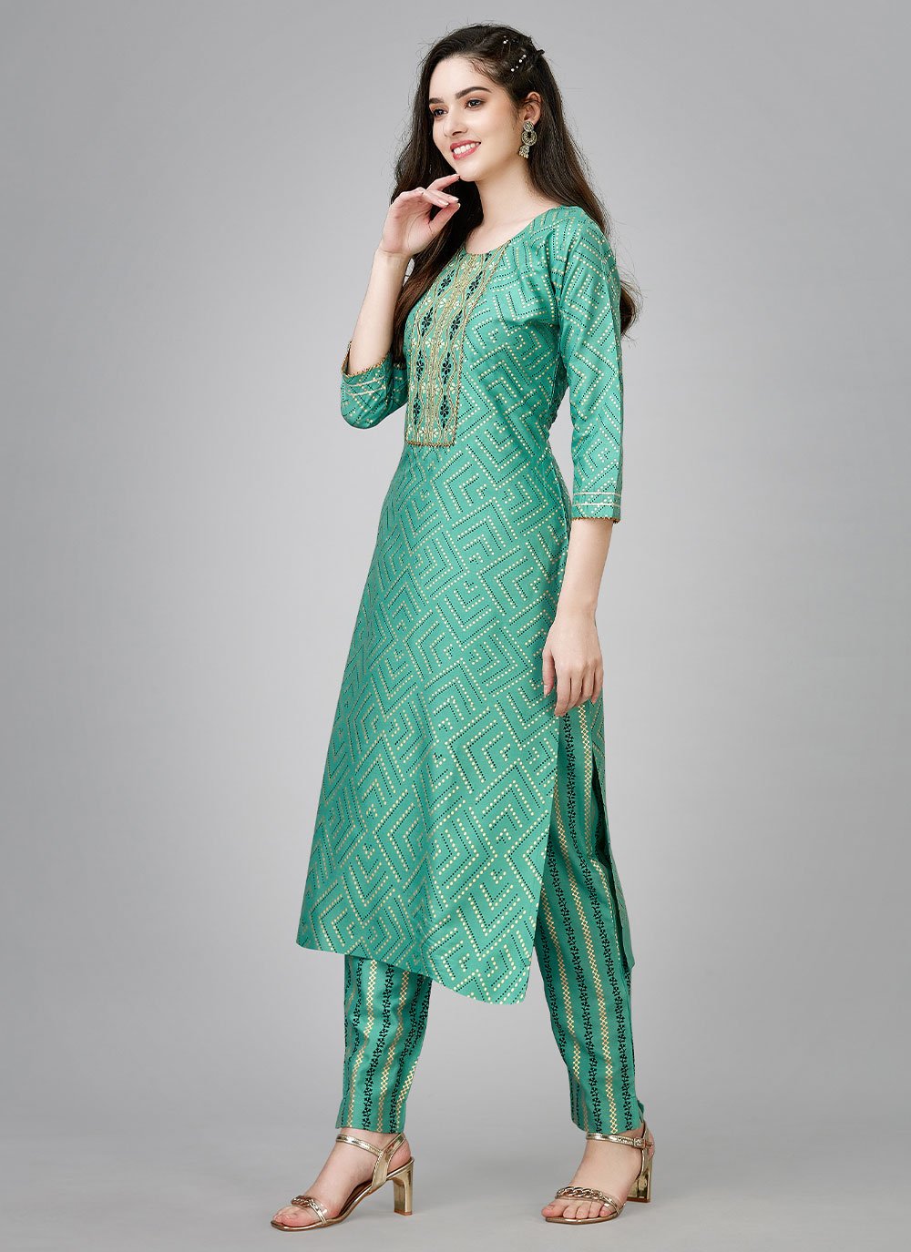 Party Wear Kurti Rayon Sea Green Embroidered Kurtis