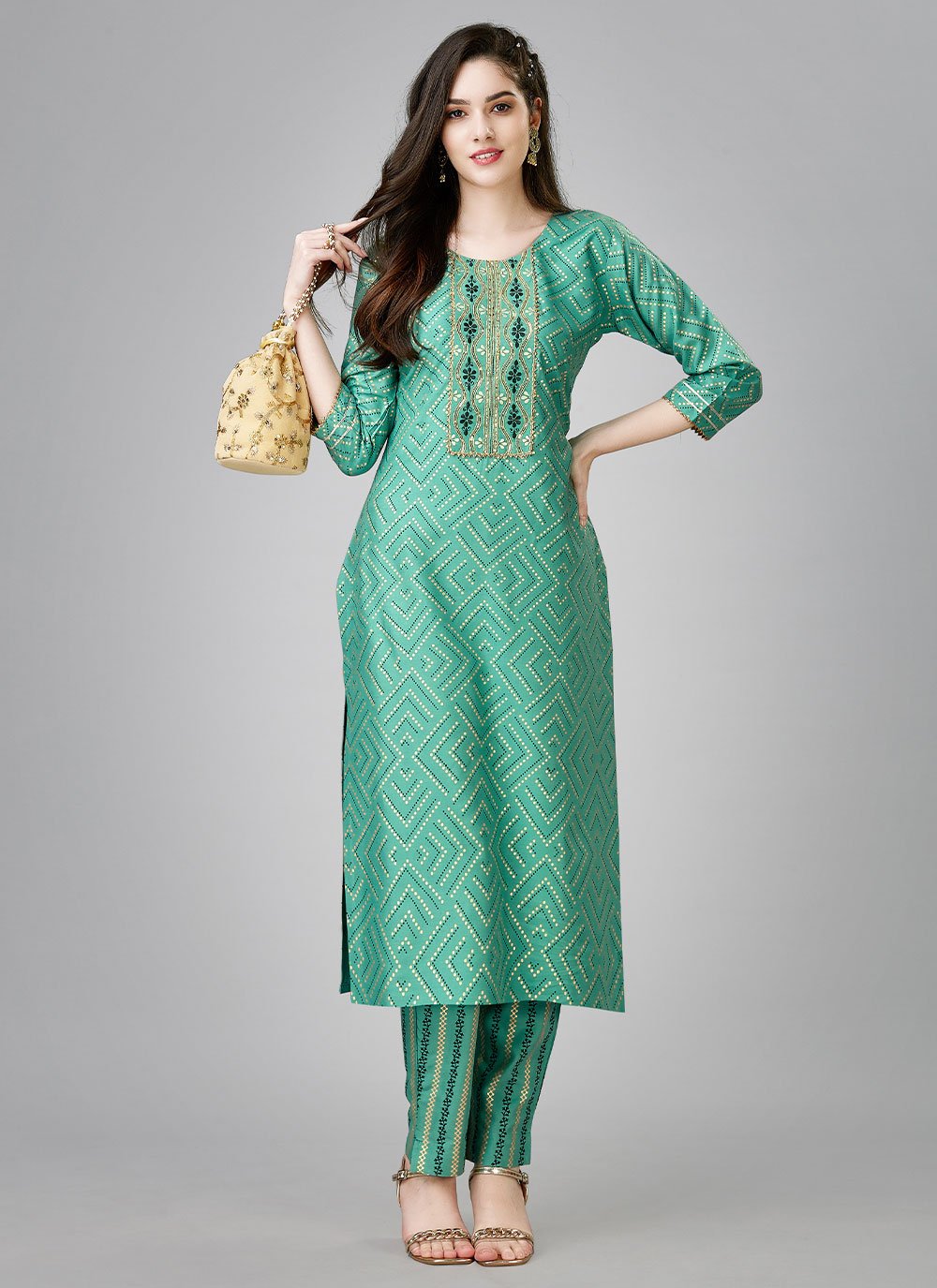 Party Wear Kurti Rayon Sea Green Embroidered Kurtis