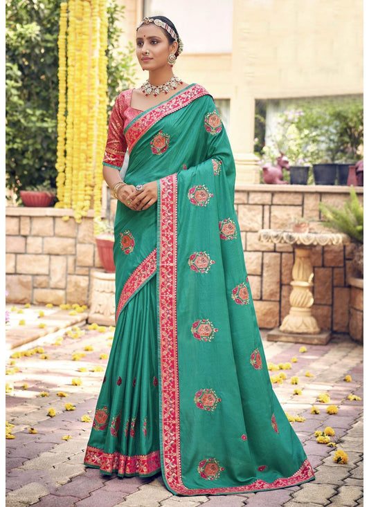 Classic Silk Sea Green Embroidered Saree