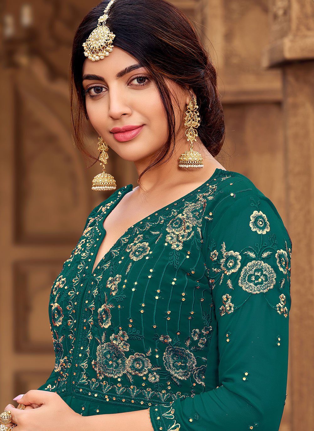 Salwar Suit Faux Georgette Sea Green Embroidered Salwar Kameez