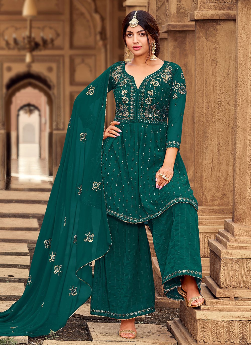 Salwar Suit Faux Georgette Sea Green Embroidered Salwar Kameez