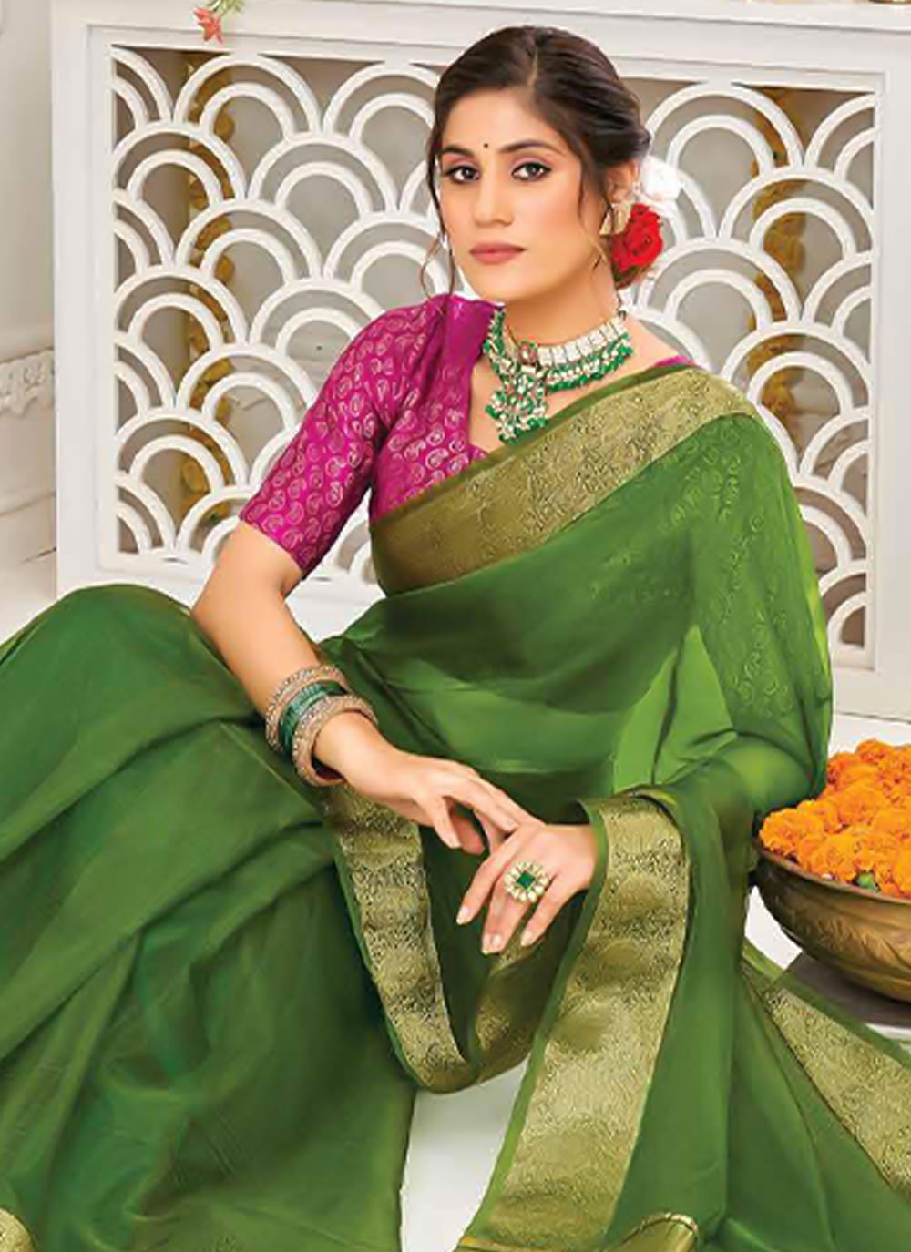 Trendy Saree Organza Silk Sea Green Patch Border Saree