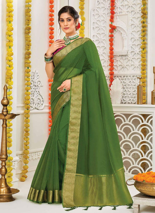 Trendy Saree Organza Silk Sea Green Patch Border Saree