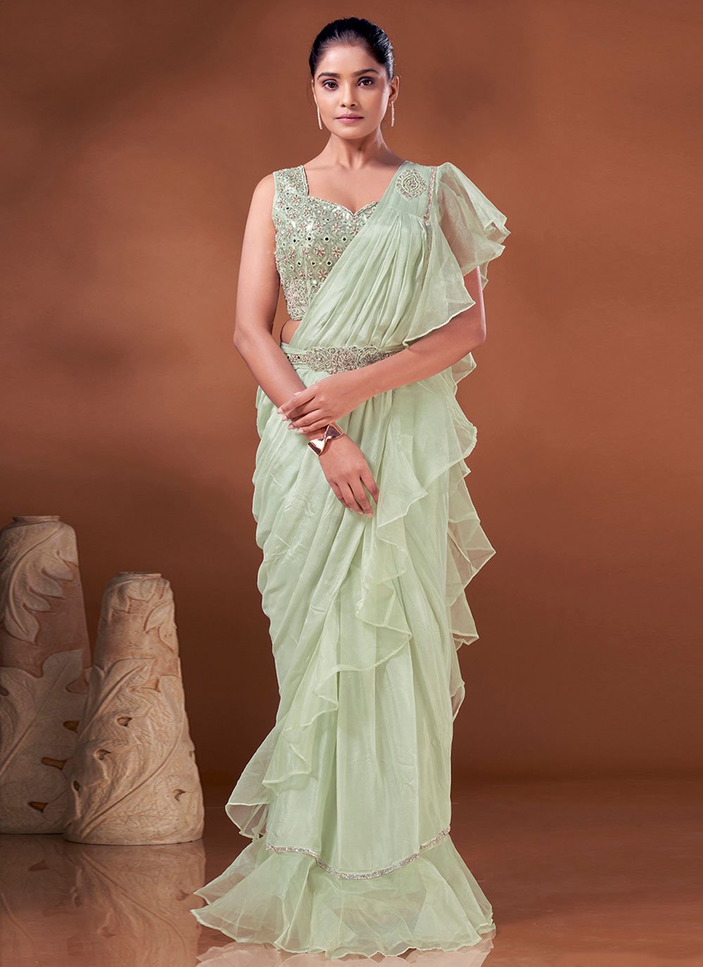 Designer Chiffon Organza Sea Green Hand Work Saree