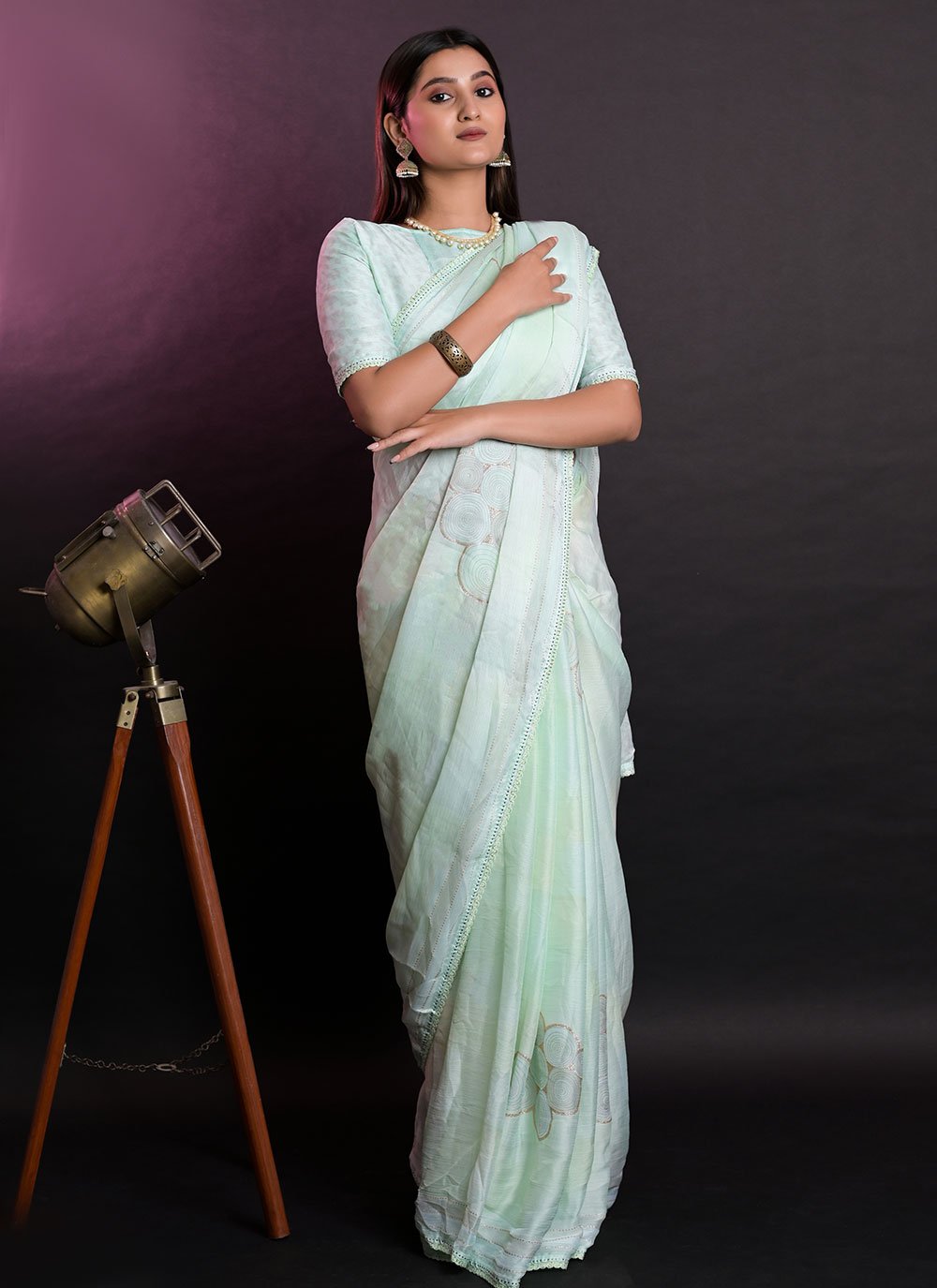 Trendy Saree Chiffon Sea Green Patch Border Saree