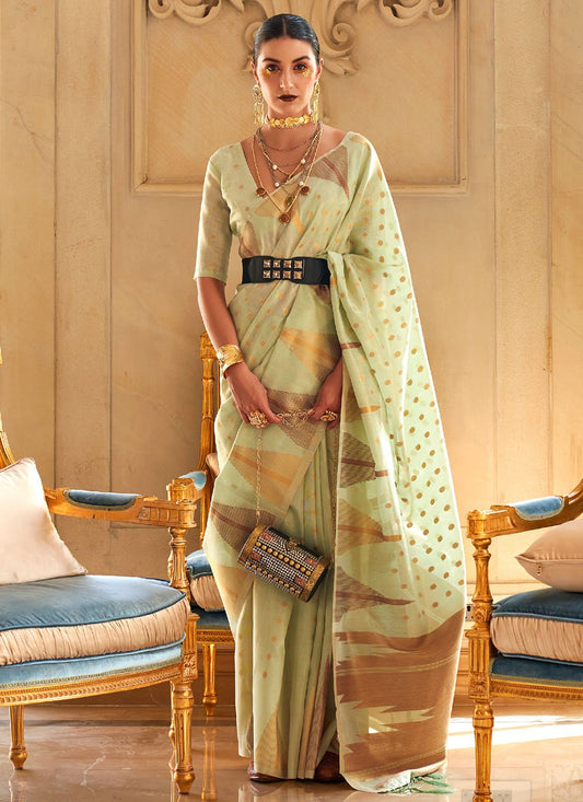 Classic Handloom Silk Tissue Sea Green Weaving Saree