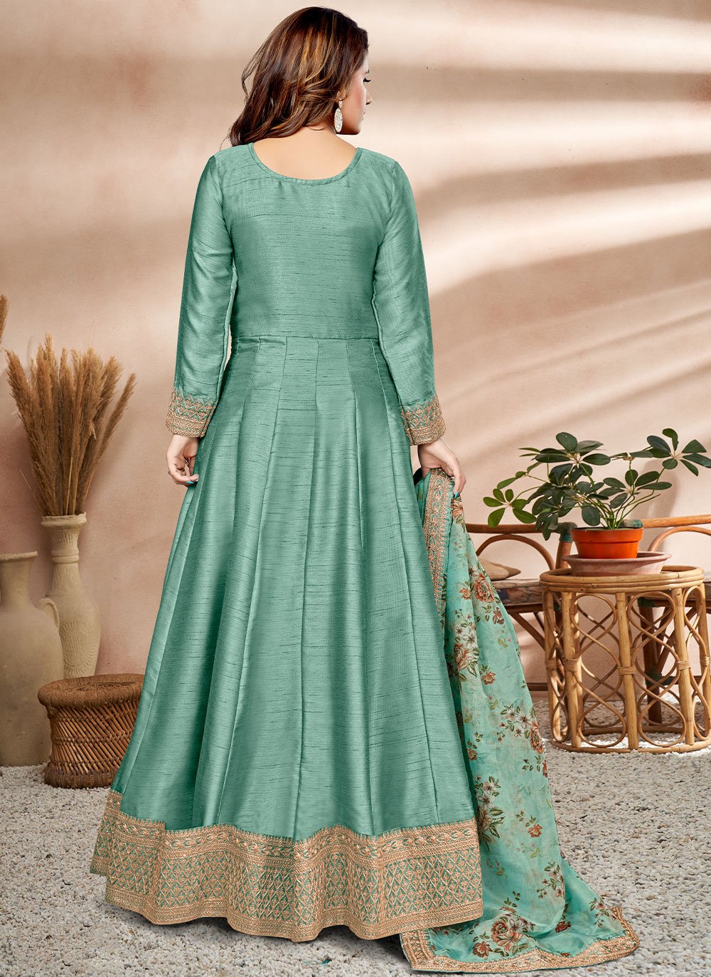 Anarkali Suit Art Silk Sea Green Embroidered Salwar Kameez