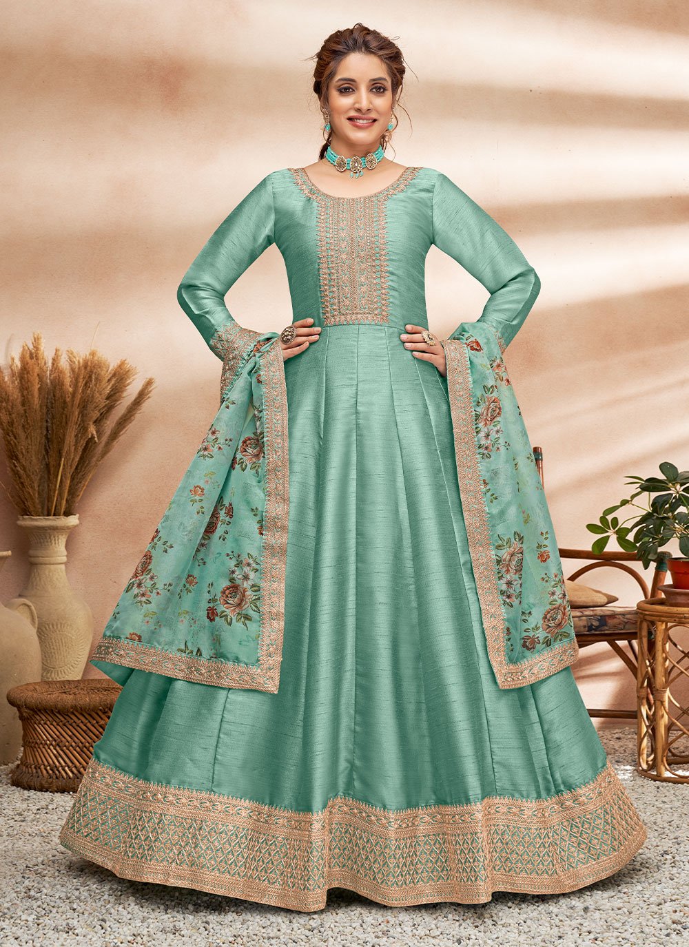 Anarkali Suit Art Silk Sea Green Embroidered Salwar Kameez