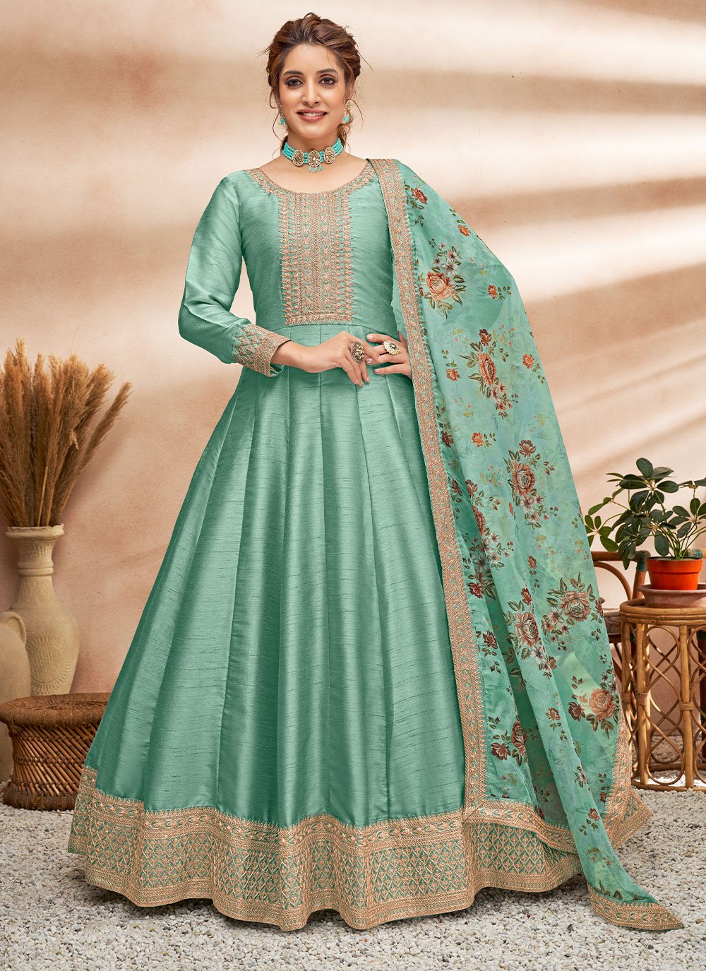 Anarkali Suit Art Silk Sea Green Embroidered Salwar Kameez