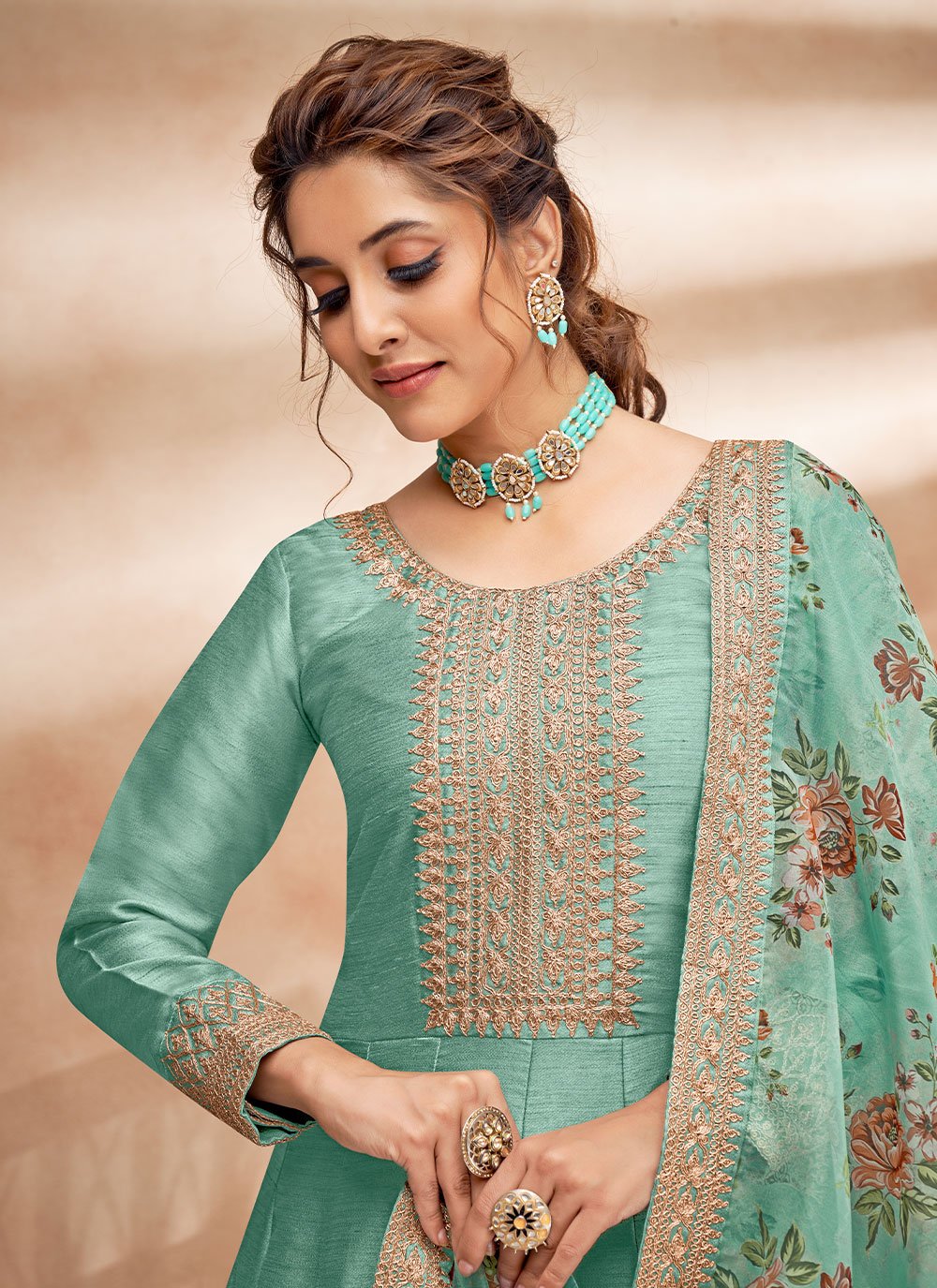 Anarkali Suit Art Silk Sea Green Embroidered Salwar Kameez