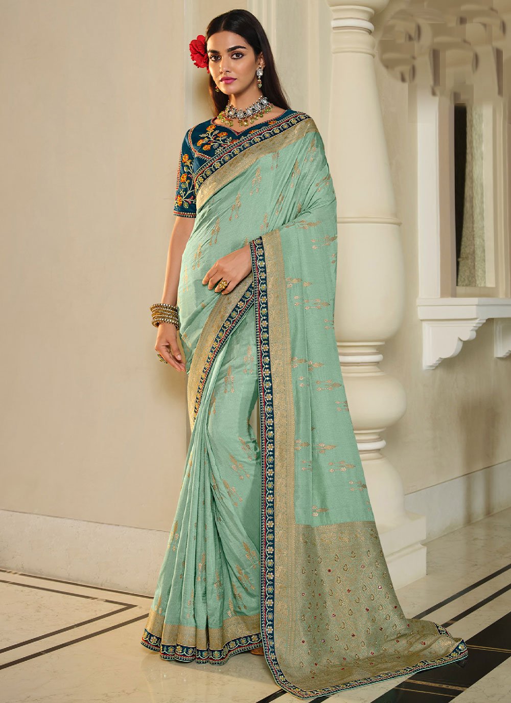 Contemporary Silk Sea Green Lace Saree