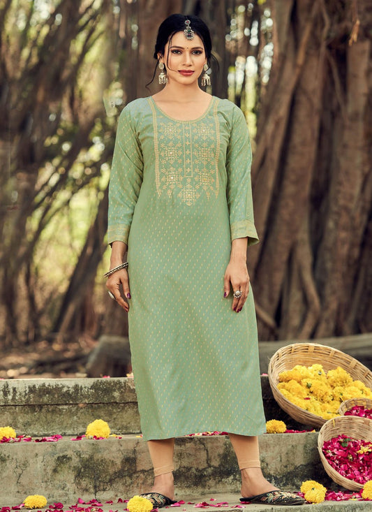 Designer Kurti Rayon Sea Green Embroidered Kurtis