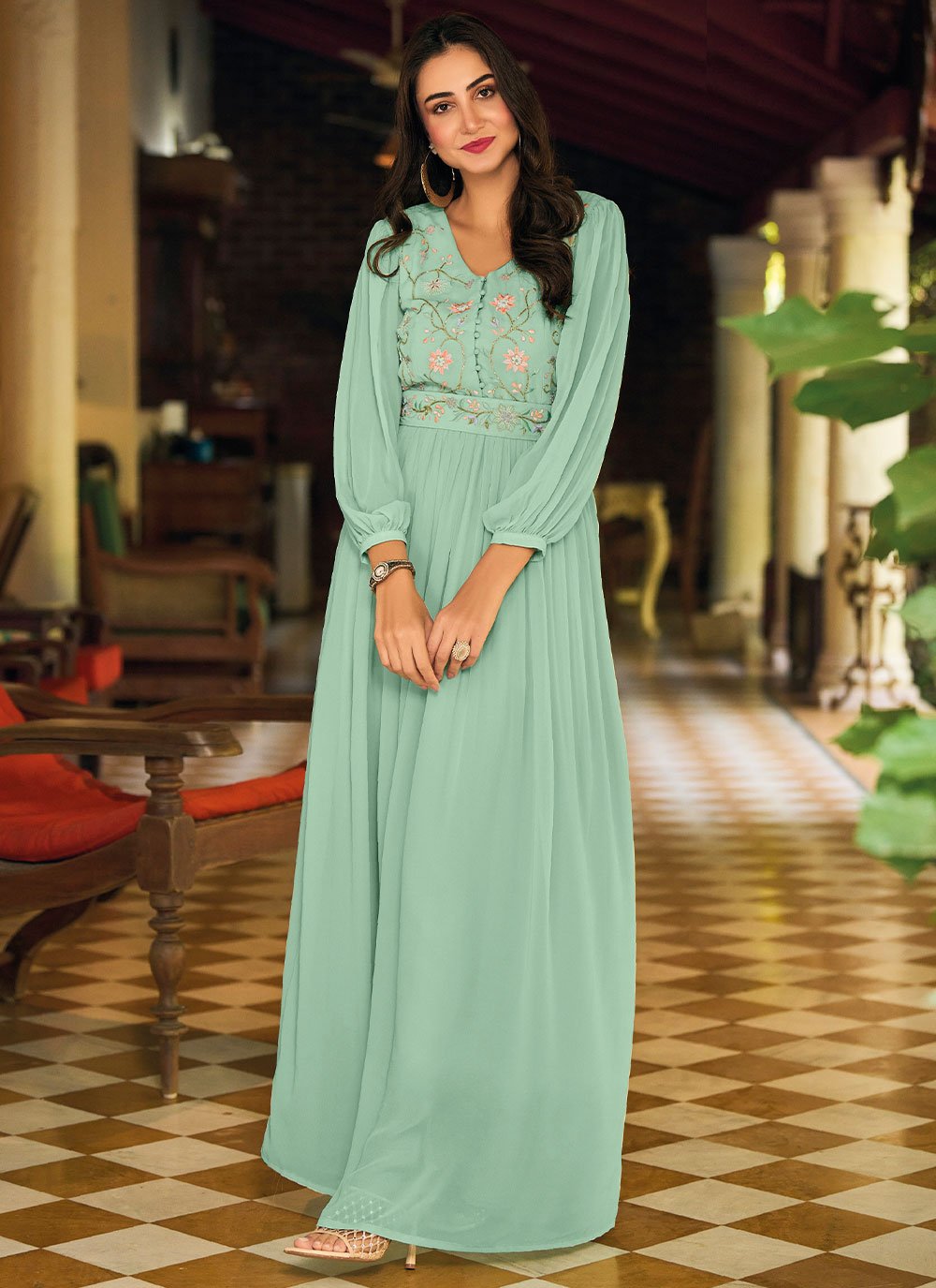 Gown Georgette Sea Green Embroidered Gown