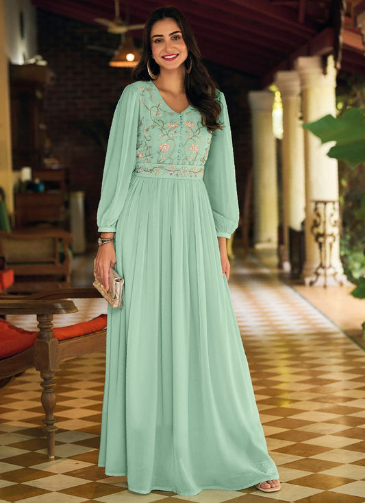 Gown Georgette Sea Green Embroidered Gown