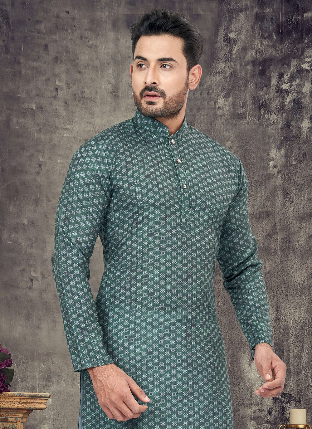 Kurta Pyjama Cotton Sea Green Digital Print Mens