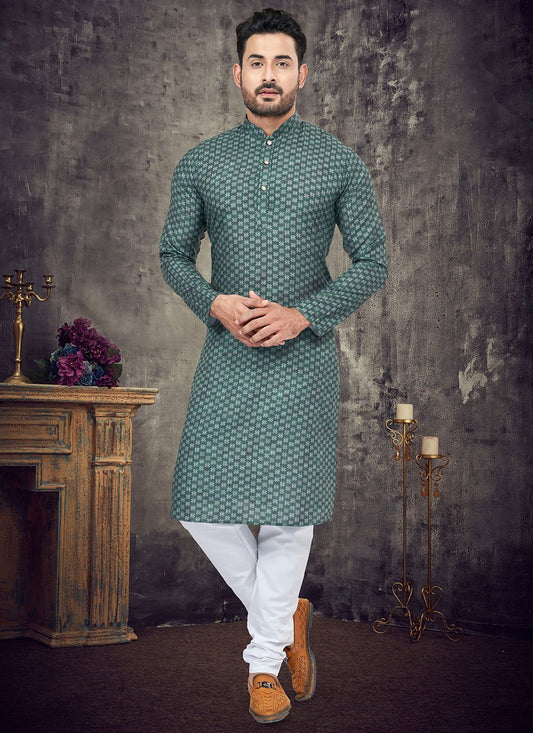 Kurta Pyjama Cotton Sea Green Digital Print Mens