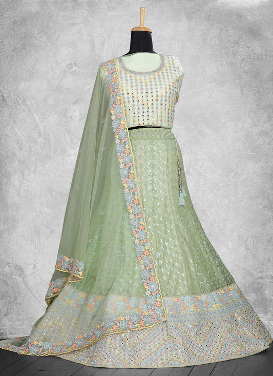 Lehenga Choli Net Satin Silk Sea Green Embroidered Lehenga Choli