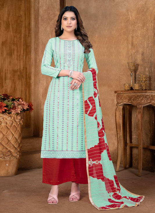 Salwar Suit Cotton Sea Green Print Salwar Kameez