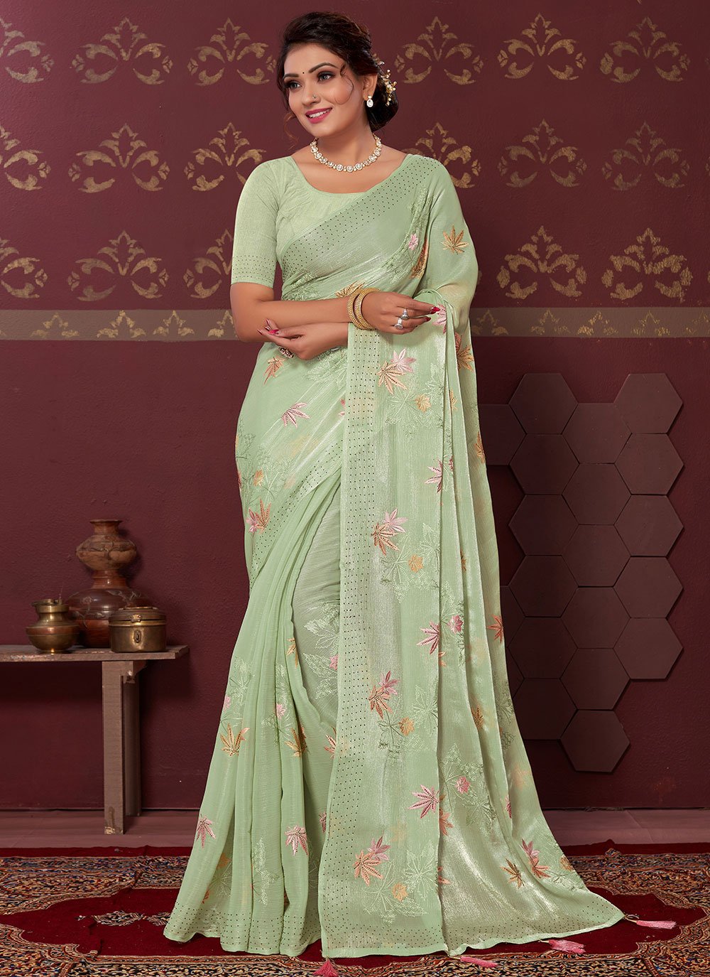 Trendy Saree Silk Blend Sea Green Embroidered Saree