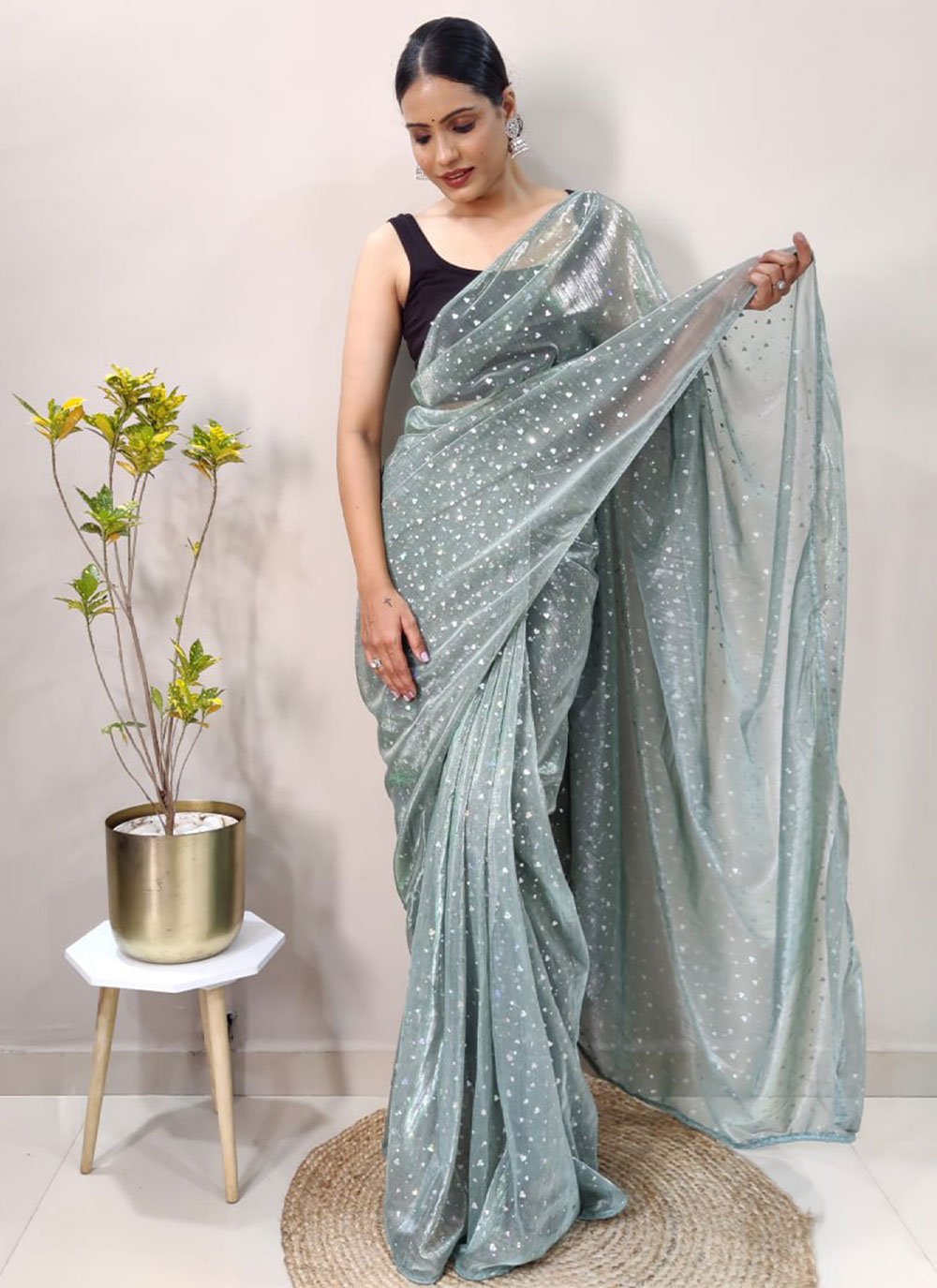 Trendy Saree Net Sea Green Sequins Saree