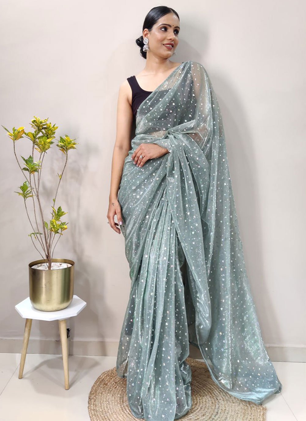 Trendy Saree Net Sea Green Sequins Saree