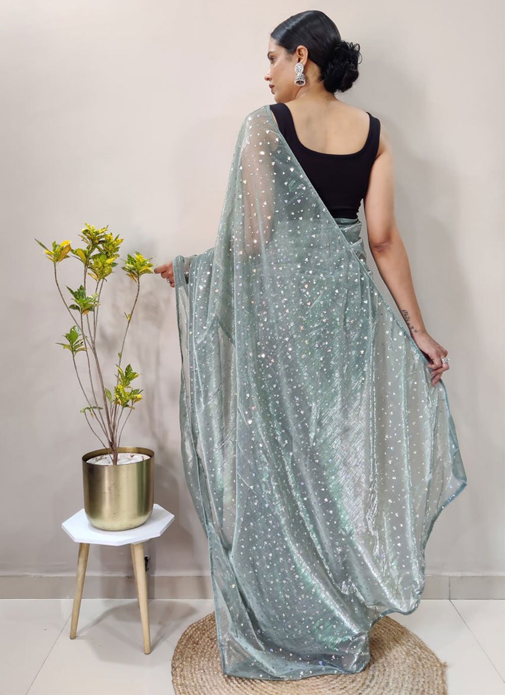 Trendy Saree Net Sea Green Sequins Saree