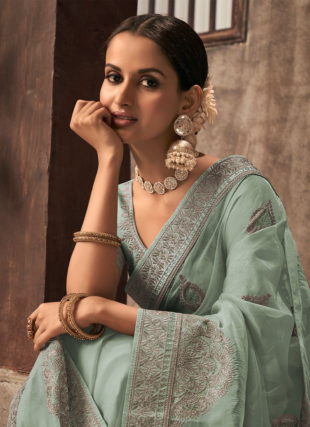 Contemporary Organza Sea Green Embroidered Saree