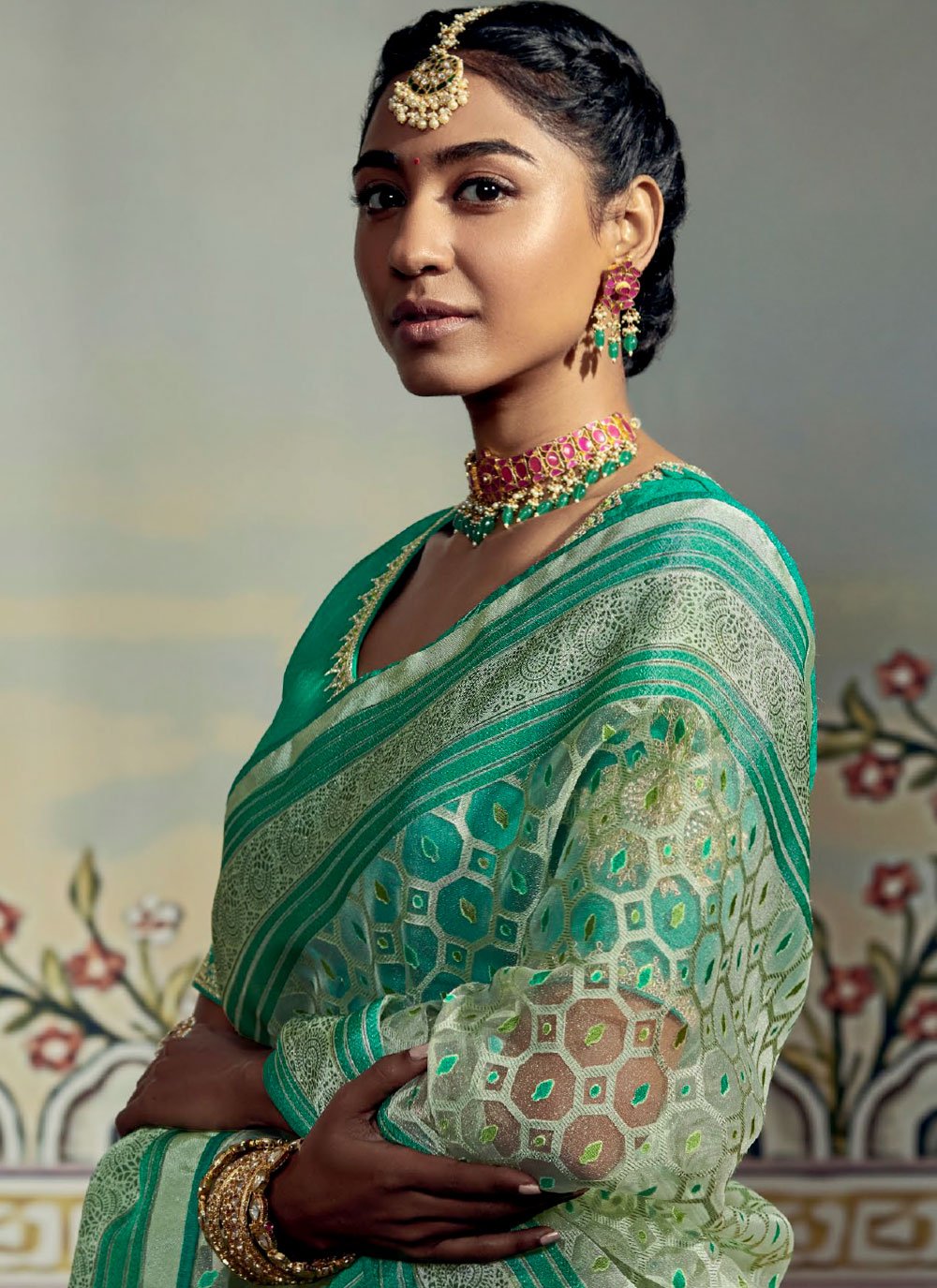 Contemporary Brasso Sea Green Fancy Work Saree