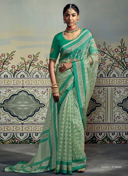 Contemporary Brasso Sea Green Fancy Work Saree