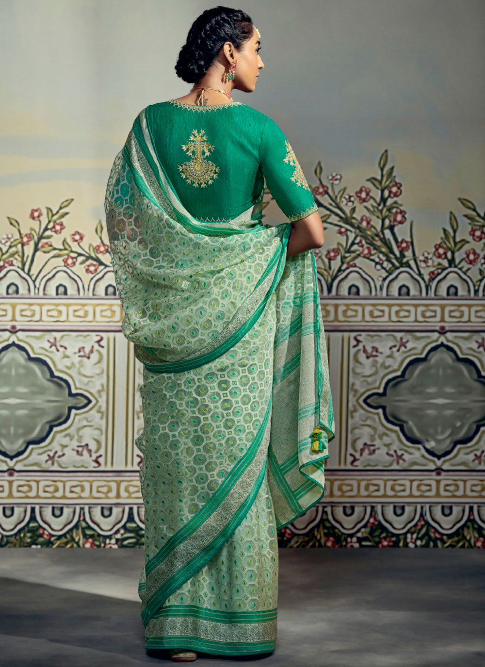 Contemporary Brasso Sea Green Fancy Work Saree