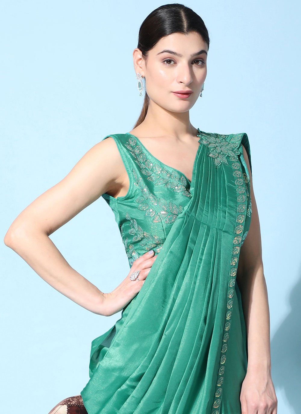 Contemporary Satin Silk Sea Green Embroidered Saree