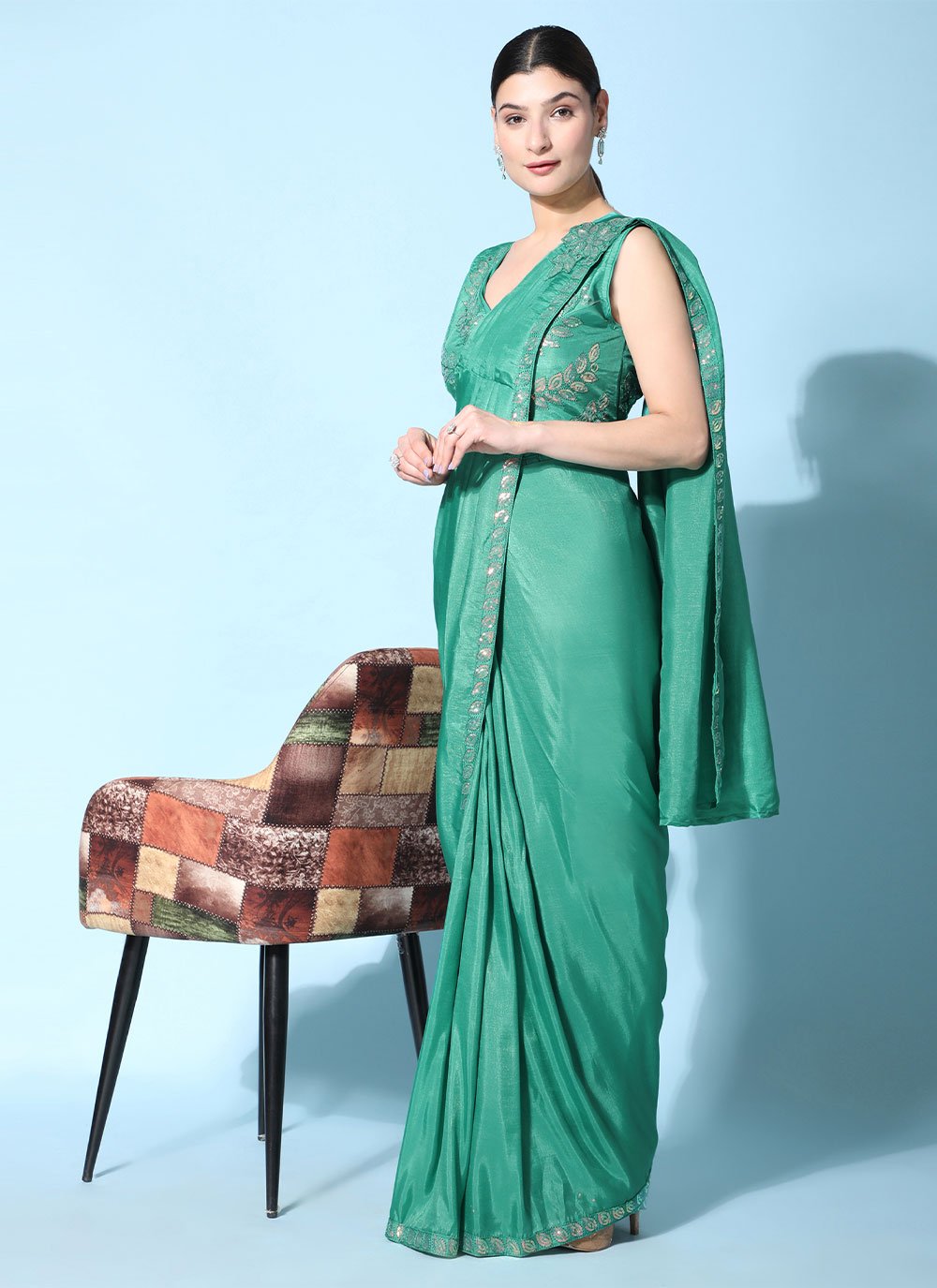 Contemporary Satin Silk Sea Green Embroidered Saree