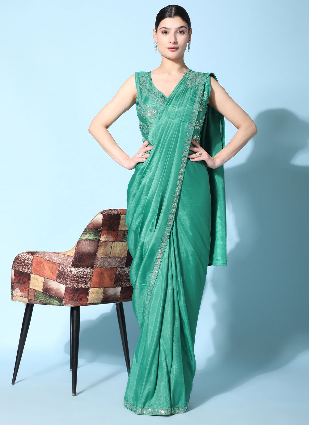 Contemporary Satin Silk Sea Green Embroidered Saree