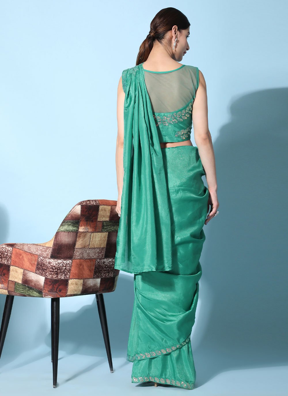 Contemporary Satin Silk Sea Green Embroidered Saree