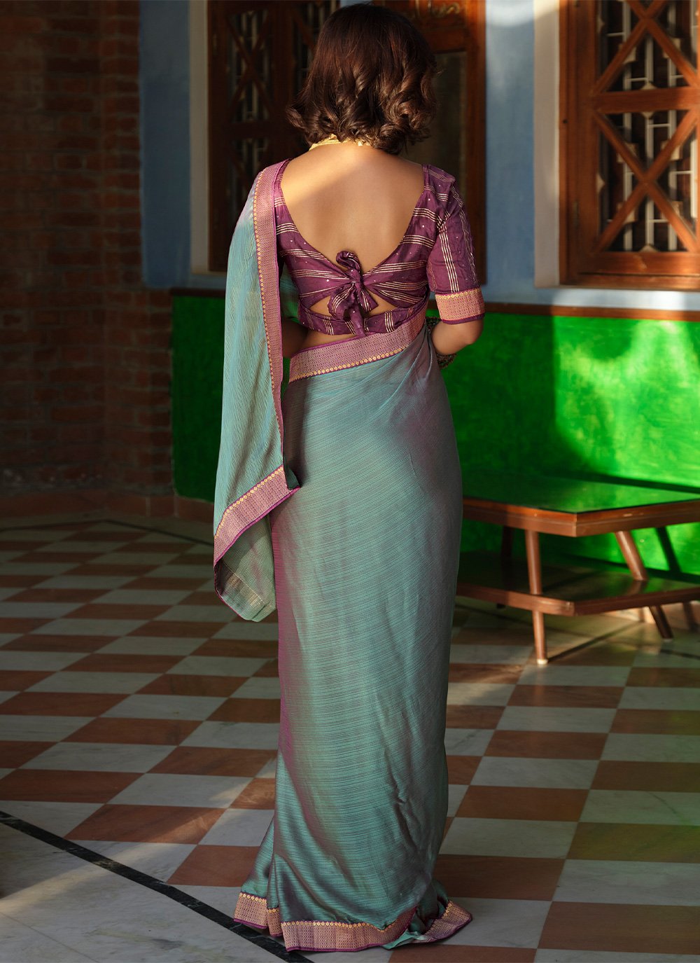 Contemporary Art Silk Sea Green Lace Saree