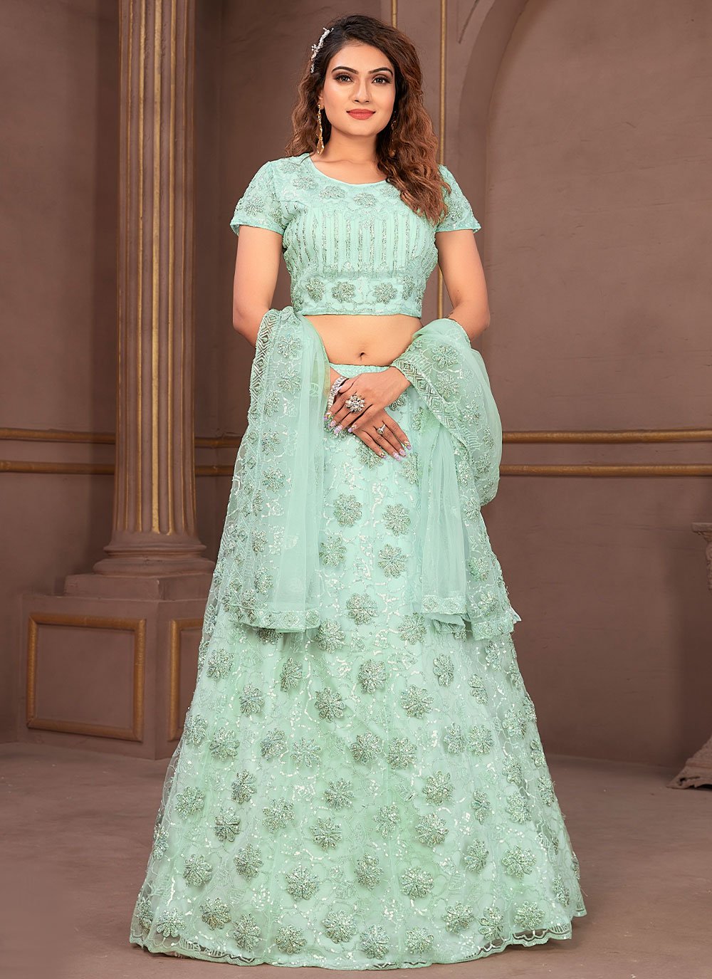 A Line Lehenga Net Sea Green Cord Work Lehenga Choli