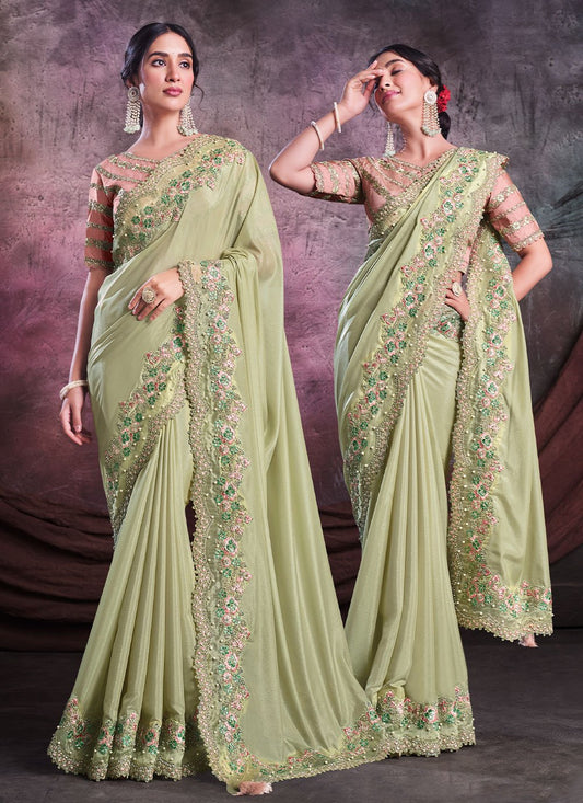 Trendy Saree Georgette Shimmer Silk Sea Green Cord Work Saree