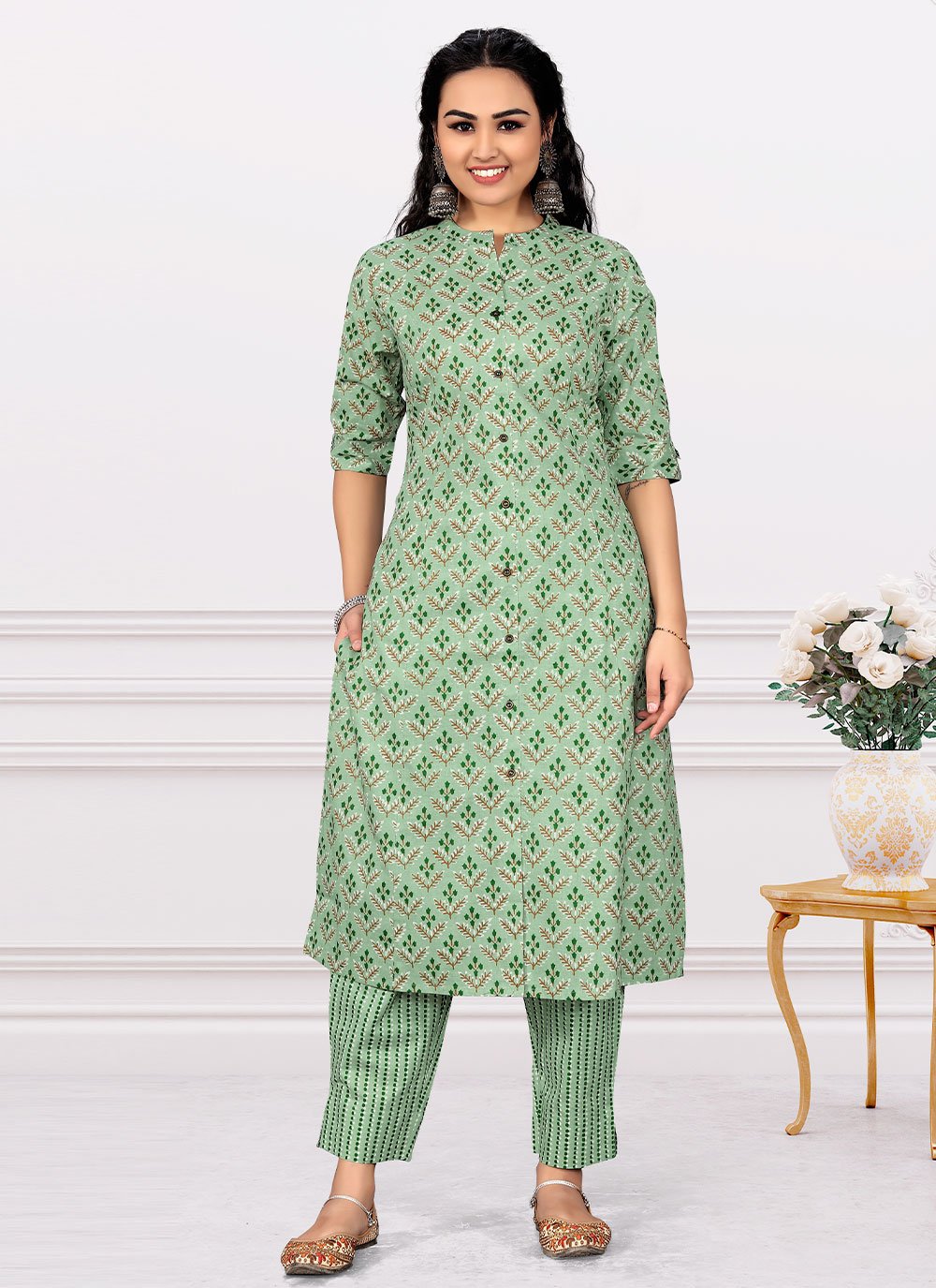 Designer Kurti Cotton Sea Green Print Kurtis