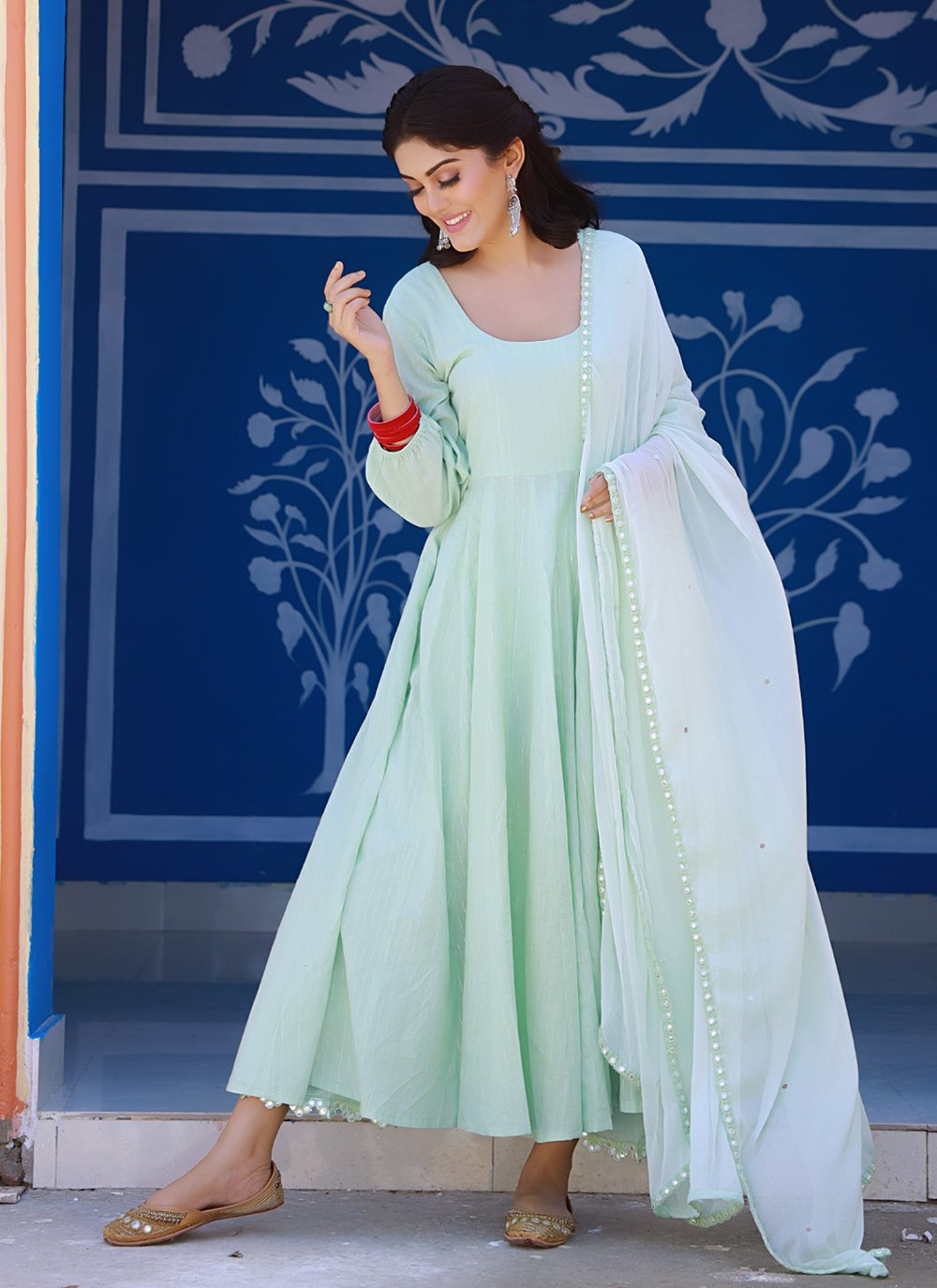 Anarkali Suit Cotton Sea Green Fancy Work Salwar Kameez