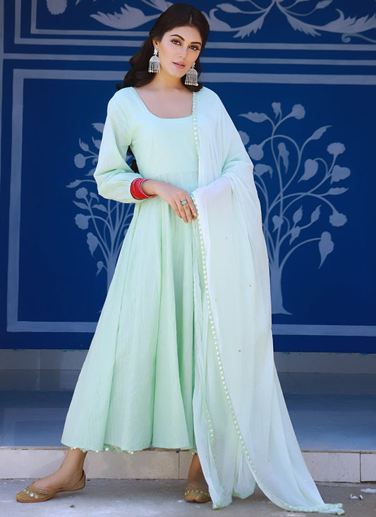 Anarkali Suit Cotton Sea Green Fancy Work Salwar Kameez