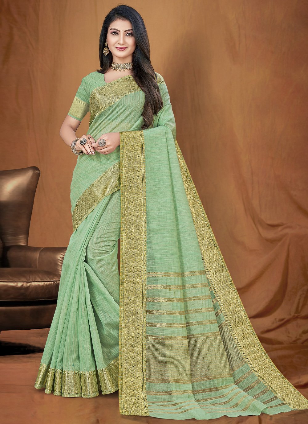 Contemporary Cotton Silk Sea Green Fancy Work Saree