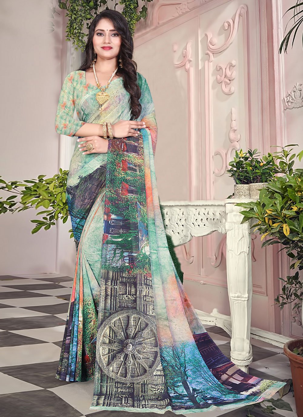 Designer Weight Less Sea Green Digital Print Saree