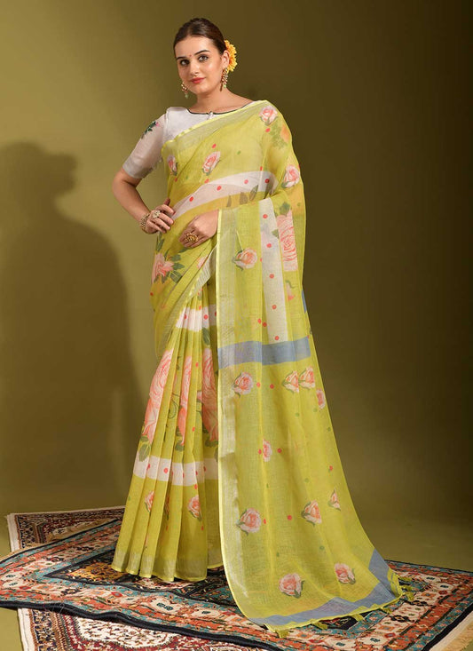 Classic Linen Sea Green Digital Print Saree