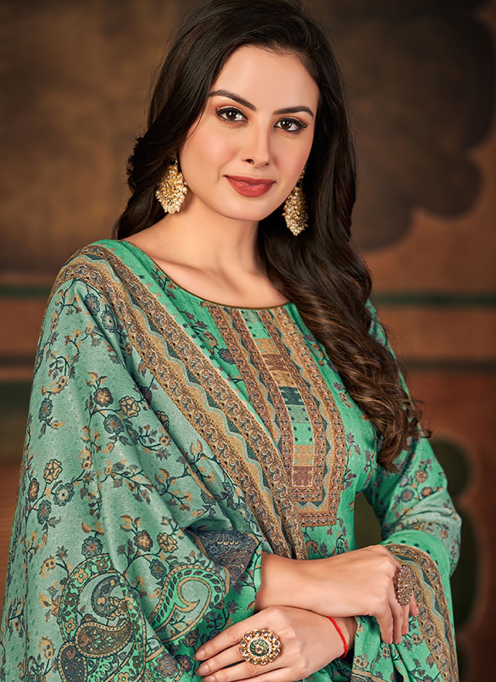 Pant Style Suit Pashmina Sea Green Digital Print Salwar Kameez