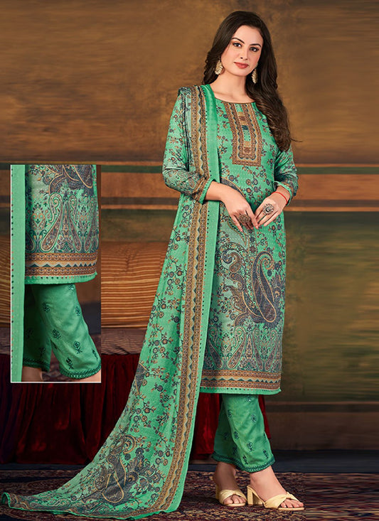 Pant Style Suit Pashmina Sea Green Digital Print Salwar Kameez