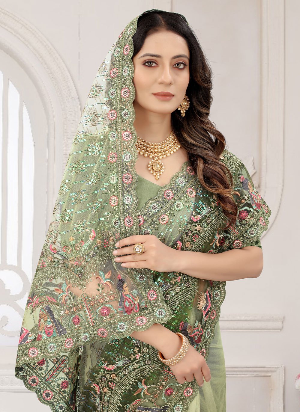 Classic Net Sea Green Cord Work Saree